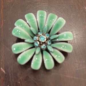 Vintage enamel Rhinestone Green and Blue Floral Brooch